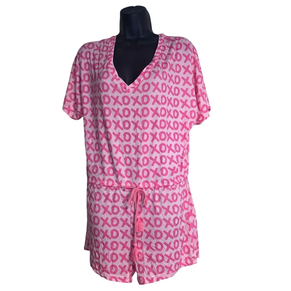 Jordann Jammies Womens Pink XOXO Print Short Sleeve Tassel Drawstring Romper S